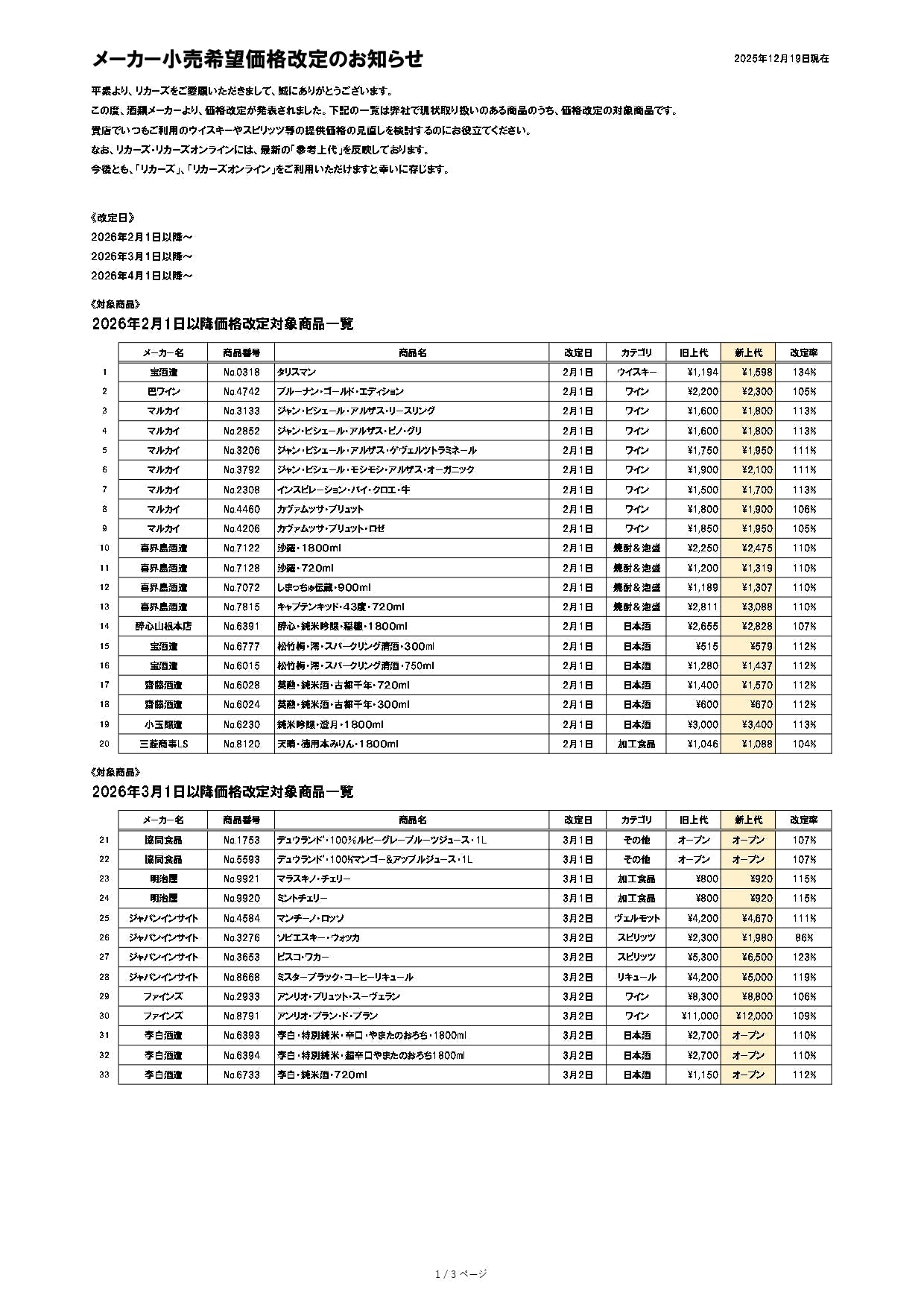 【重要】価格改定案内　12/19更新