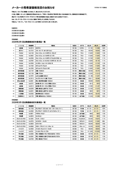 【重要】価格改定案内　12/19更新